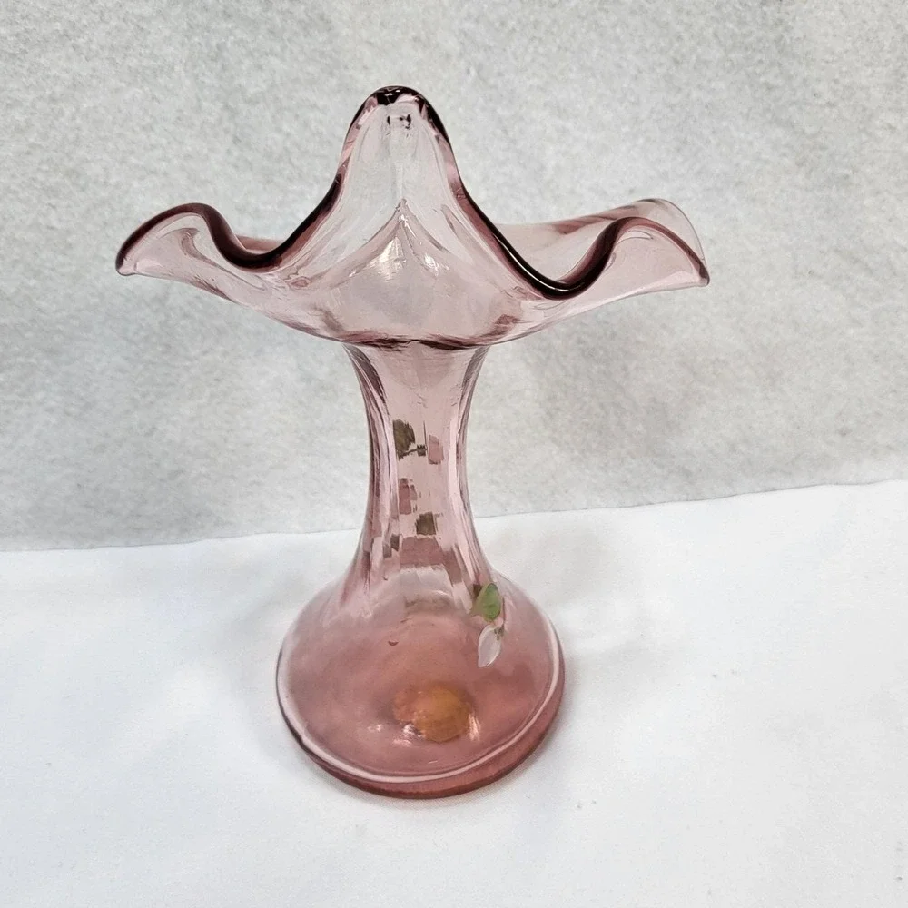 Fenton Pink Glass‎ Hand Painted Floral Ruffled Vase Signed 1991 USA